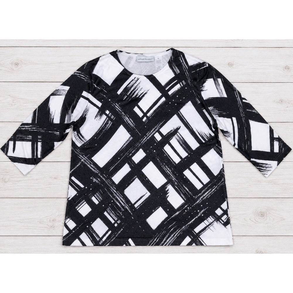 Alfred Dunner Top Abstract Beaded 3/4 Sleeve Black White Casual Career Petite L